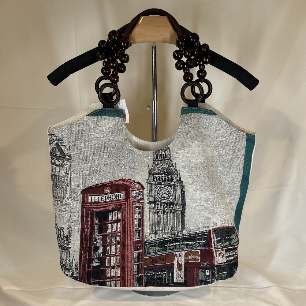 London Theme Jute Tote Large 18 In Wide 15in Tall Wooden Handle Beads